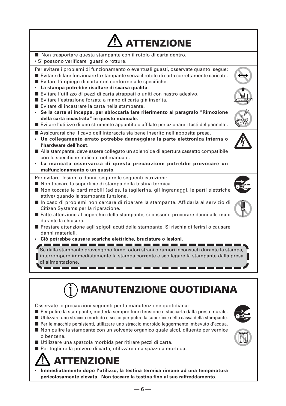 Attenzione, Manutenzione quotidiana attenzione | CITIZEN CT-S4000L User Manual | Page 102 / 160