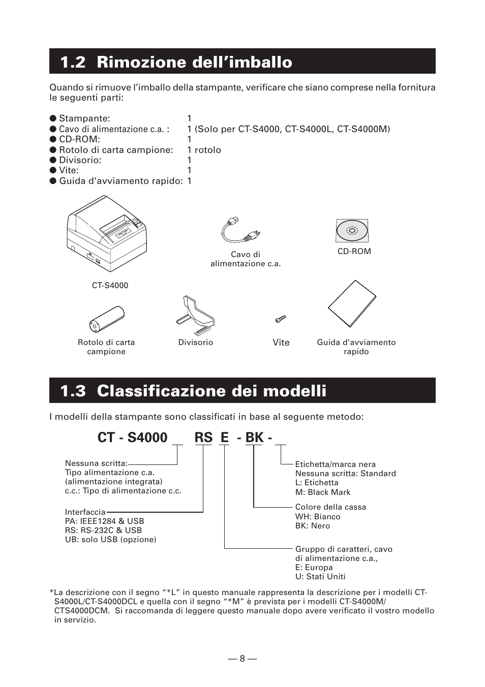 2 rimozione dell’imballo, 3 classificazione dei modelli, Ct - s4000 rs e - bk | CITIZEN CT-S4000L User Manual | Page 104 / 160