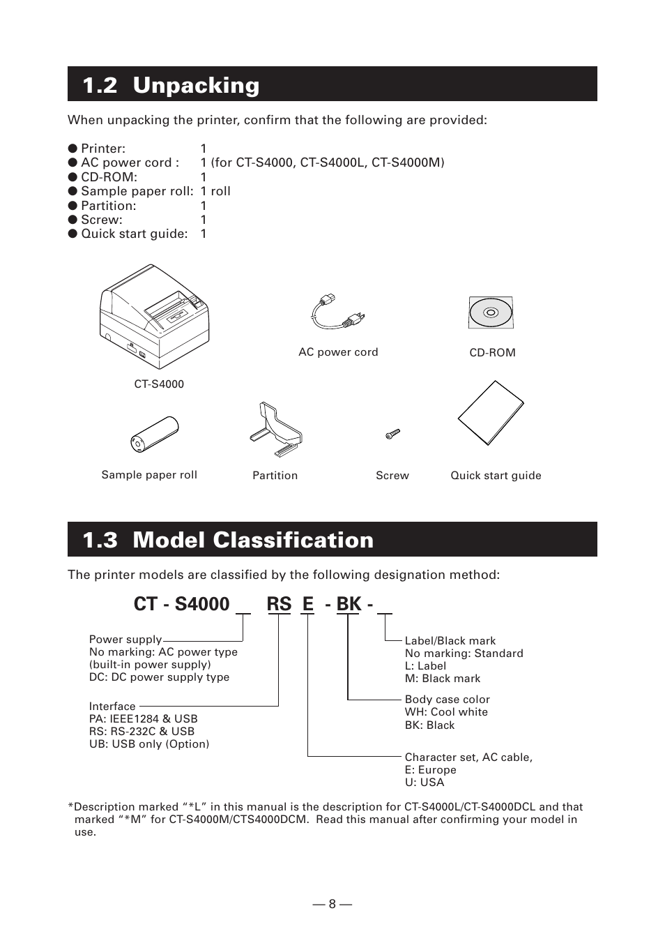 2 unpacking, 3 model classification, Ct - s4000 rs e - bk | CITIZEN CT-S4000L User Manual | Page 11 / 160