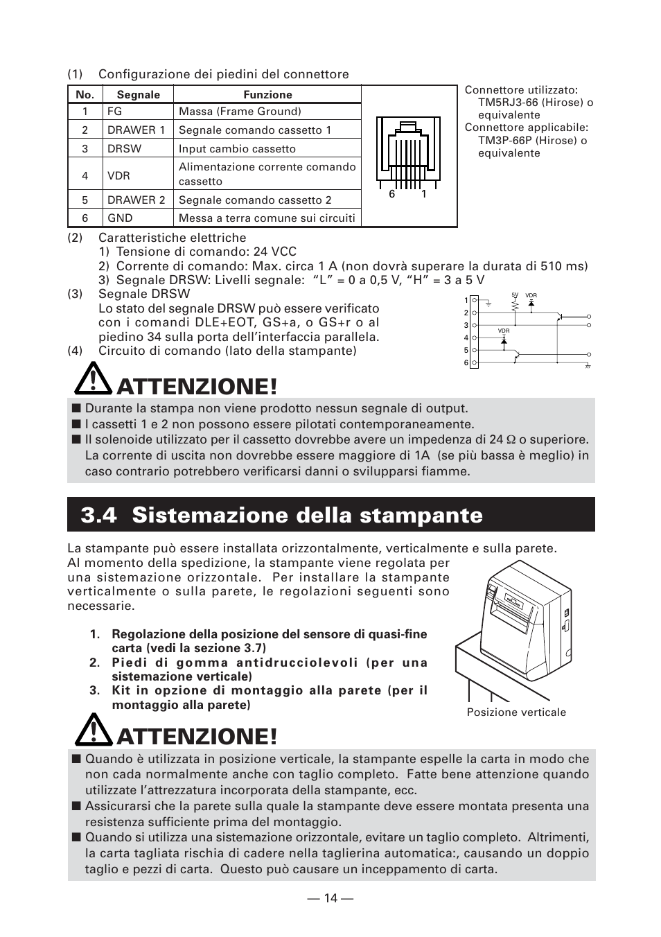 4 sistemazione della stampante, Attenzione | CITIZEN CT-S4000L User Manual | Page 110 / 160