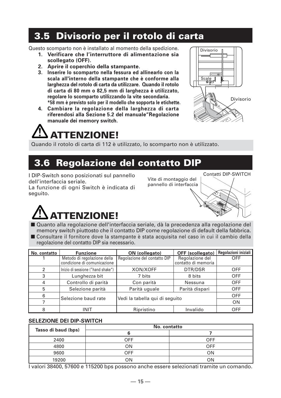 5 divisorio per il rotolo di carta, 6 regolazione del contatto dip, 6 regolazione del contatto dip attenzione | Attenzione | CITIZEN CT-S4000L User Manual | Page 111 / 160