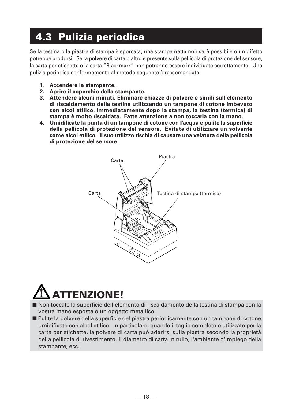 3 pulizia periodica, 3 pulizia periodica attenzione | CITIZEN CT-S4000L User Manual | Page 114 / 160