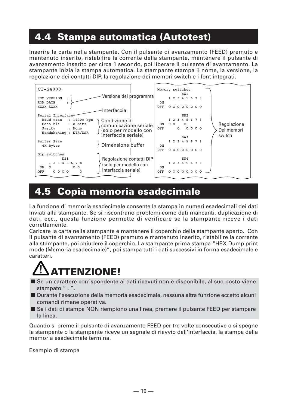 4 stampa automatica (autotest), 5 copia memoria esadecimale, Attenzione | CITIZEN CT-S4000L User Manual | Page 115 / 160