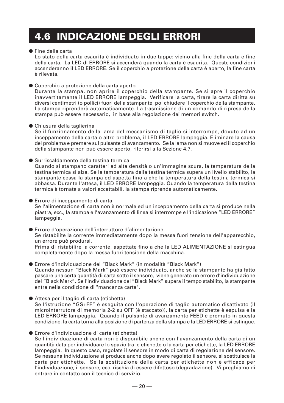 6 indicazione degli errori | CITIZEN CT-S4000L User Manual | Page 116 / 160