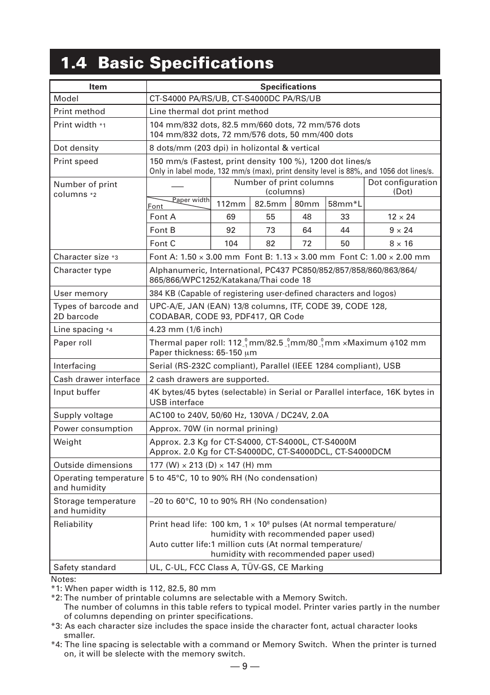 4 basic specifications | CITIZEN CT-S4000L User Manual | Page 12 / 160