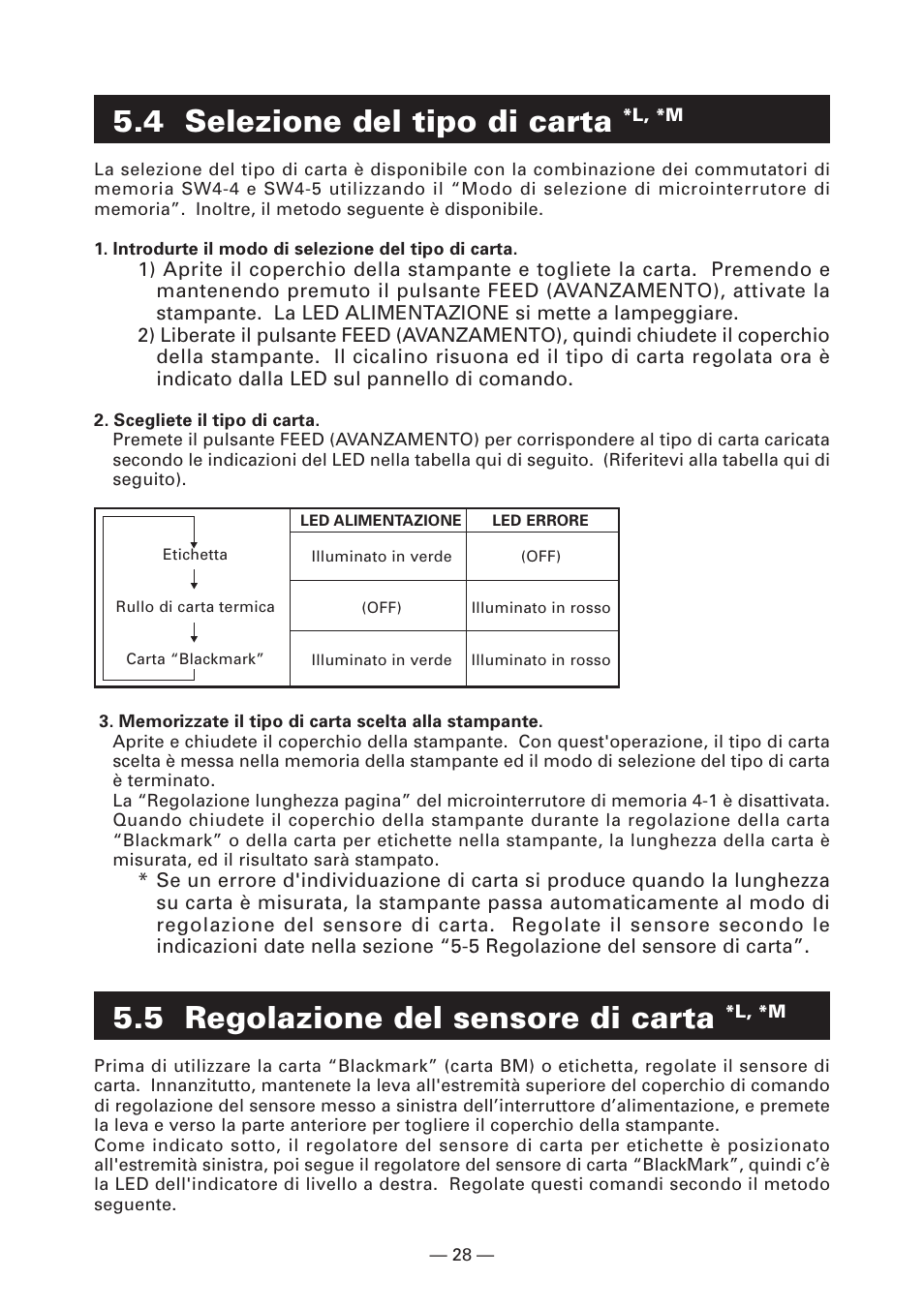 4 selezione del tipo di carta *l, *m, 5 regolazione del sensore di carta *l, *m, 4 selezione del tipo di carta | 5 regolazione del sensore di carta | CITIZEN CT-S4000L User Manual | Page 124 / 160