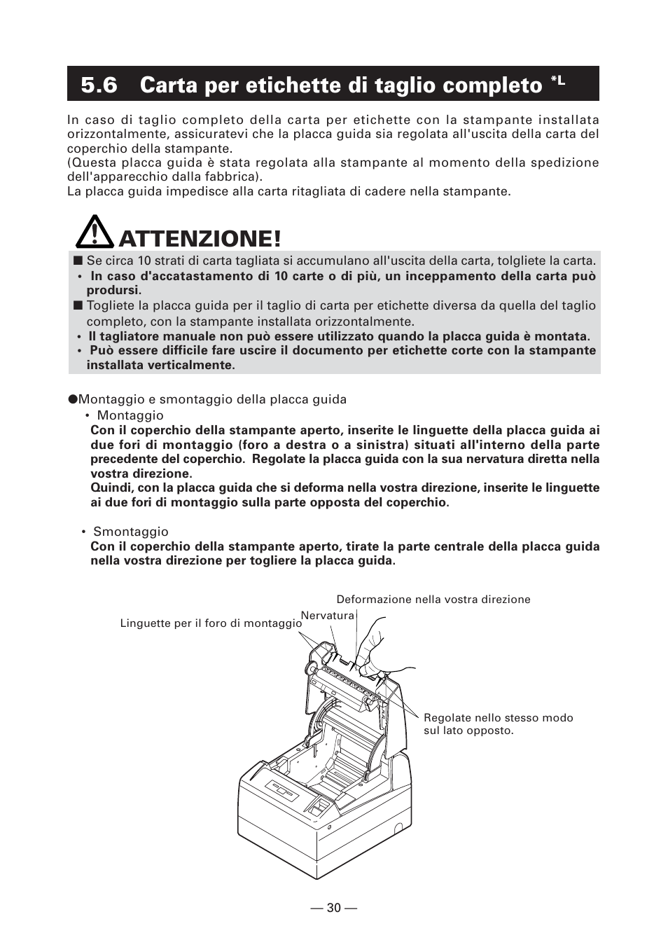 6 carta per etichette di taglio completo *l, 6 carta per etichette di taglio completo, Attenzione | CITIZEN CT-S4000L User Manual | Page 126 / 160