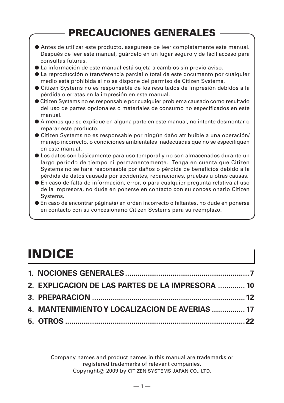 Precauciones generales, Indice | CITIZEN CT-S4000L User Manual | Page 128 / 160