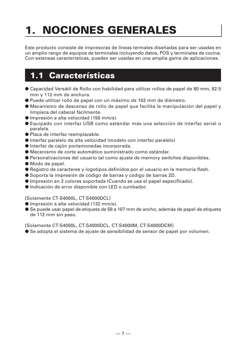 Nociones generales, 1 características | CITIZEN CT-S4000L User Manual | Page 134 / 160