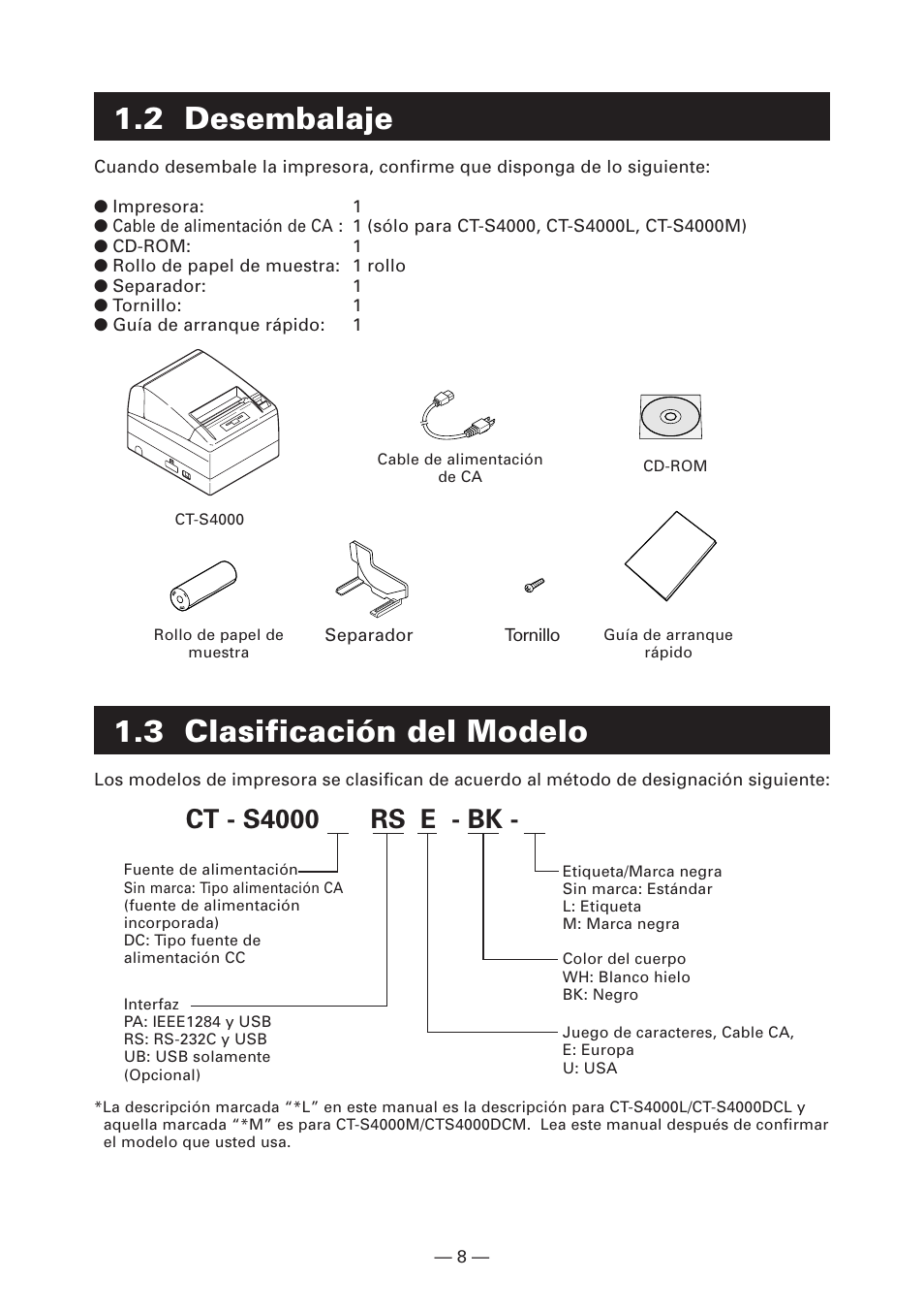 2 desembalaje, 3 clasificación del modelo, Ct - s4000 rs e - bk | CITIZEN CT-S4000L User Manual | Page 135 / 160