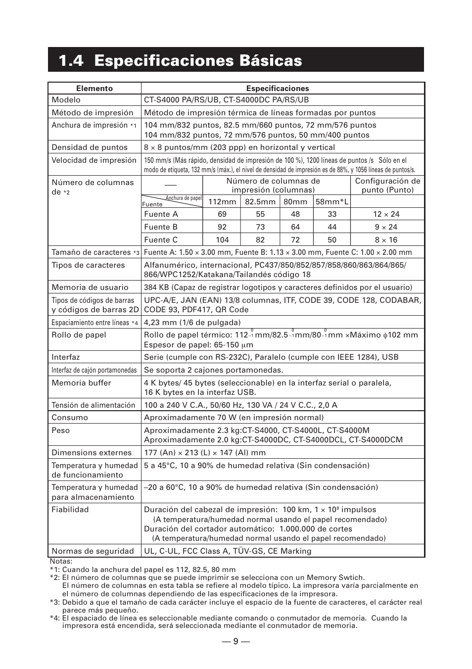 4 especificaciones básicas | CITIZEN CT-S4000L User Manual | Page 136 / 160
