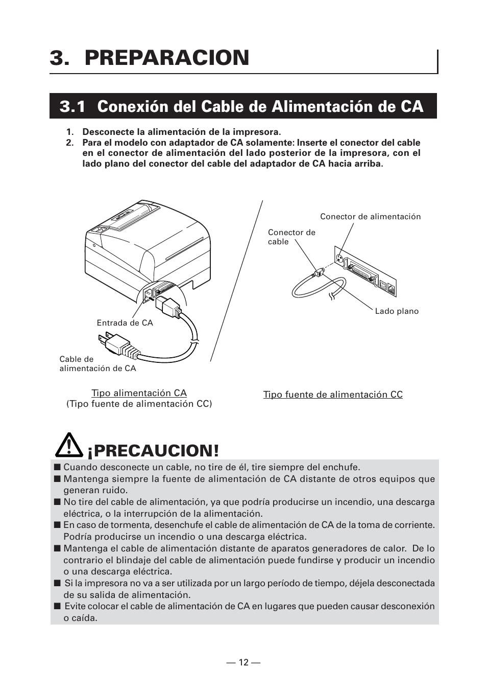 Preparacion, 1 conexión del cable de alimentación de ca, Precaucion | CITIZEN CT-S4000L User Manual | Page 139 / 160