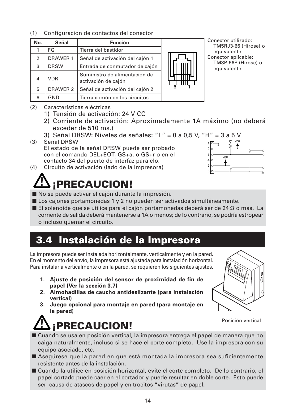 4 instalación de la impresora, Precaucion | CITIZEN CT-S4000L User Manual | Page 141 / 160