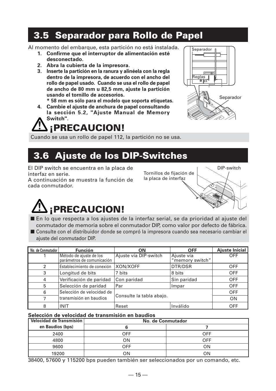 5 separador para rollo de papel, 6 ajuste de los dip-switches, 6 ajuste de los dip-switches ¡precaucion | Precaucion | CITIZEN CT-S4000L User Manual | Page 142 / 160