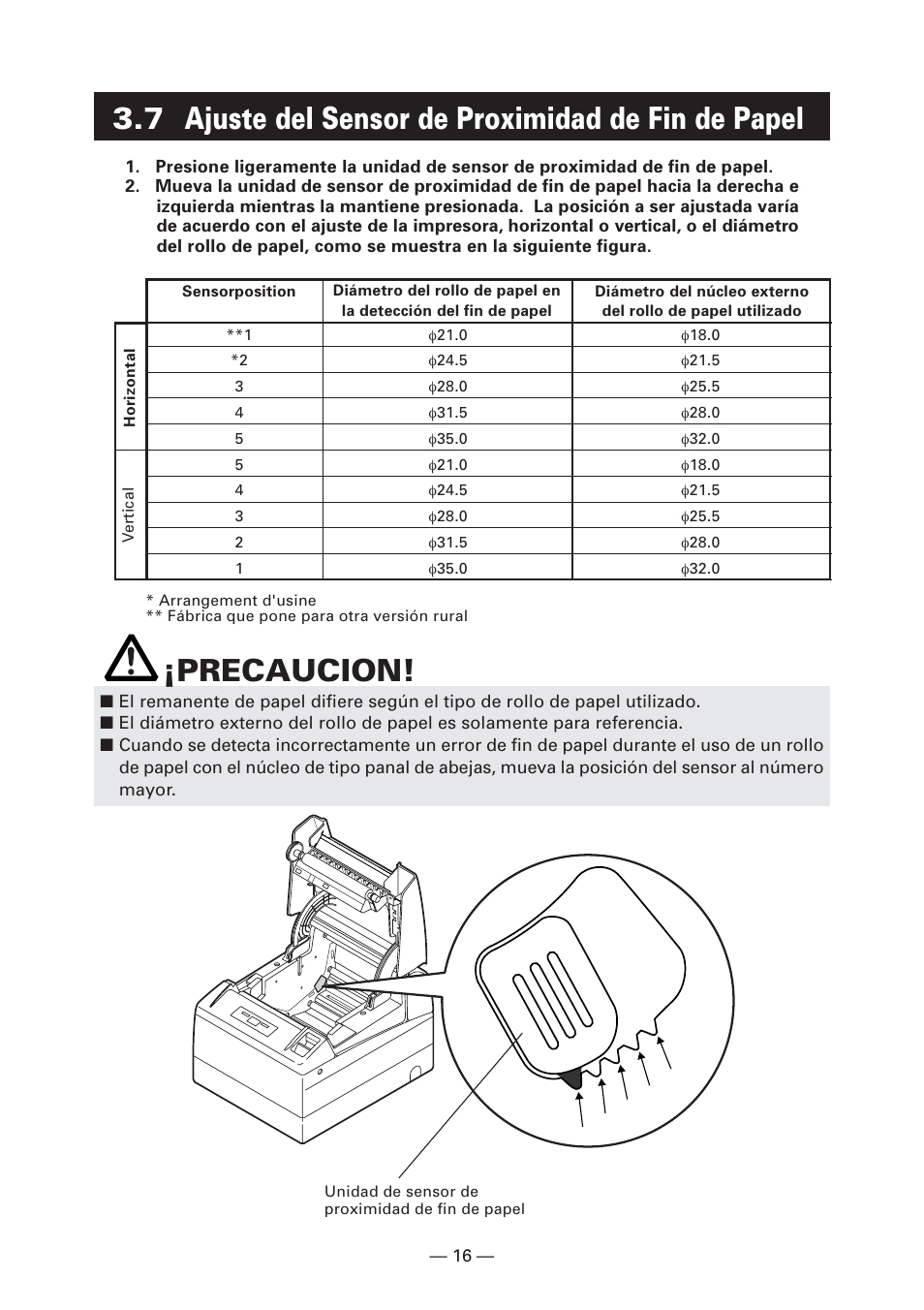 7 ajuste del sensor de proximidad de fin de papel, Precaucion | CITIZEN CT-S4000L User Manual | Page 143 / 160