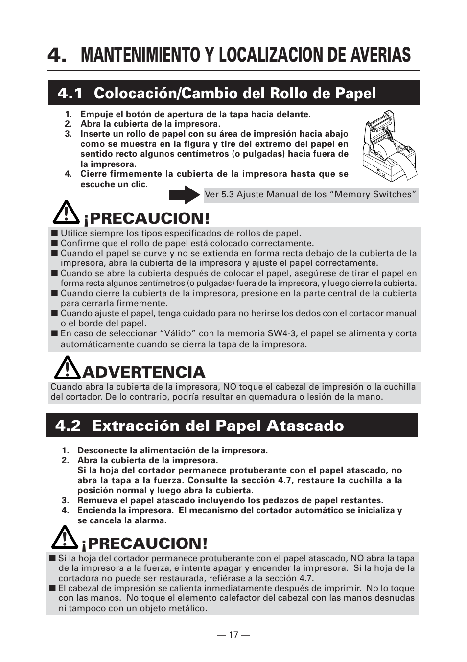 Mantenimiento y localizacion de averias, 1 colocación/cambio del rollo de papel, 2 extracción del papel atascado | Precaucion, Advertencia | CITIZEN CT-S4000L User Manual | Page 144 / 160