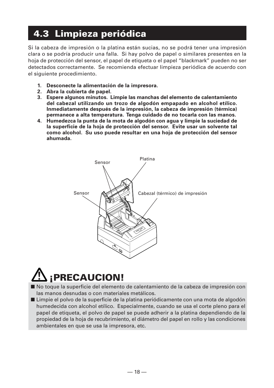 3 limpieza periódica, 3 limpieza periódica ¡precaucion | CITIZEN CT-S4000L User Manual | Page 145 / 160