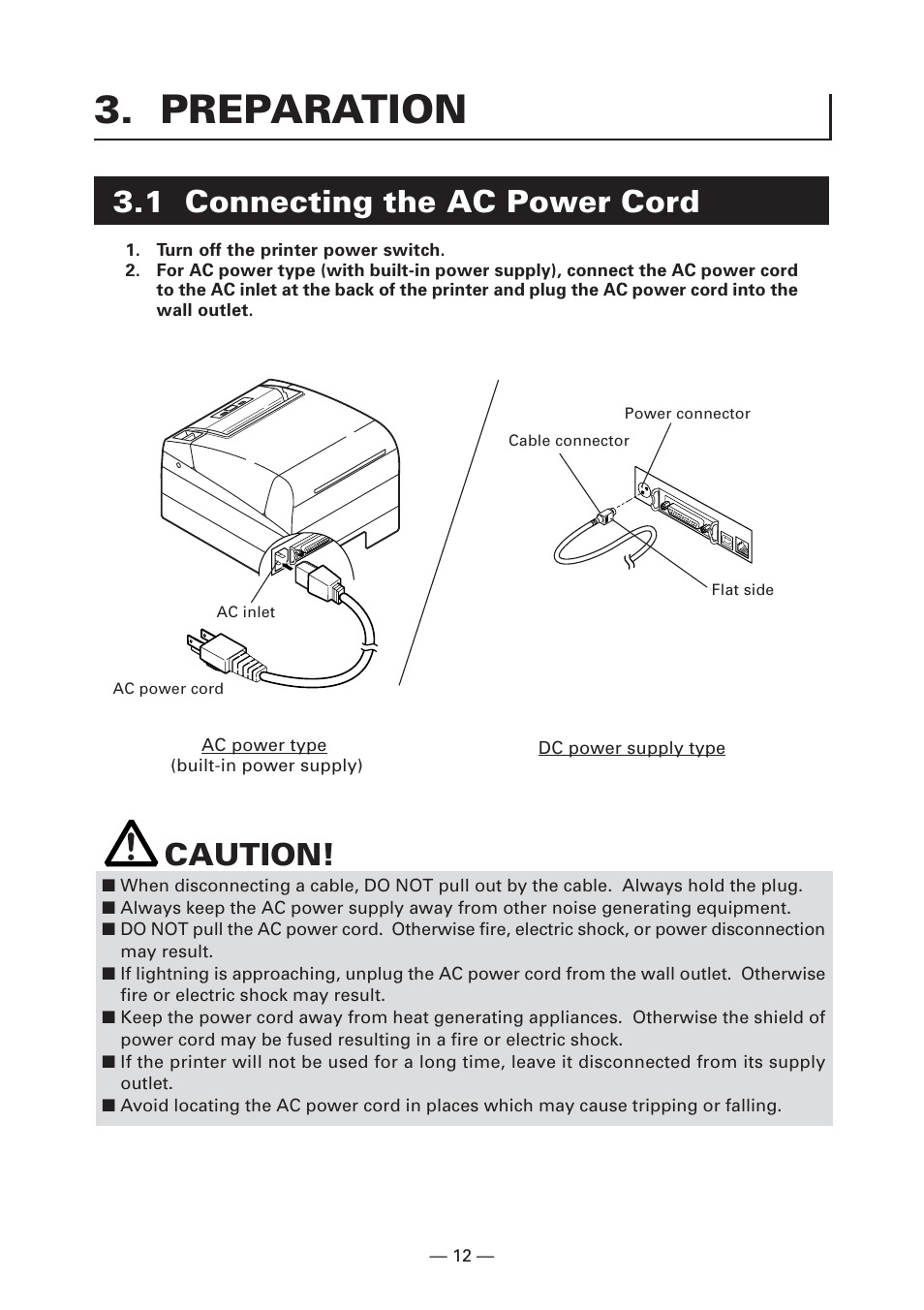 Preparation, 1 connecting the ac power cord, Caution | CITIZEN CT-S4000L User Manual | Page 15 / 160