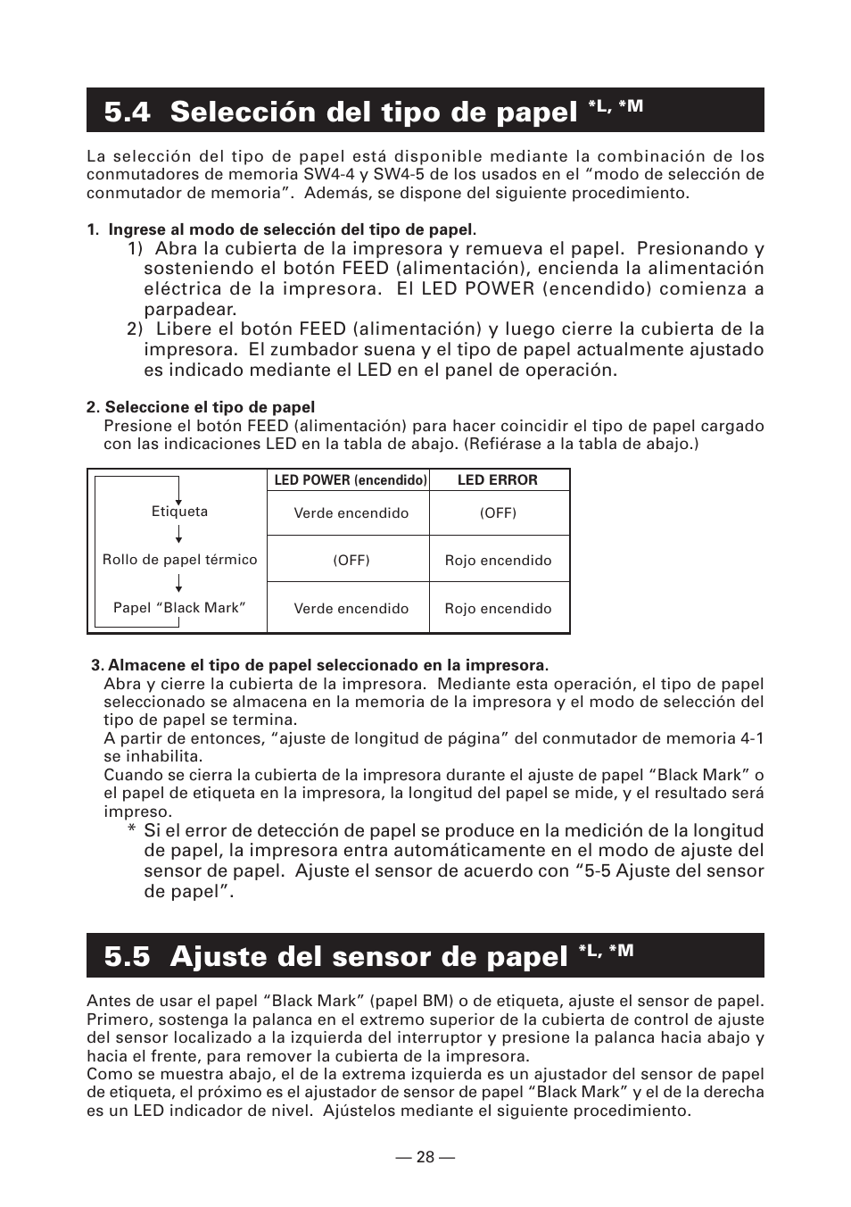 4 selección del tipo de papel *l, *m, 5 ajuste del sensor de papel *l, *m, 4 selección del tipo de papel | 5 ajuste del sensor de papel | CITIZEN CT-S4000L User Manual | Page 155 / 160