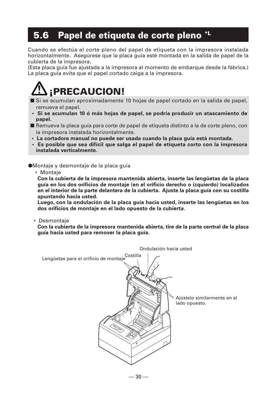 6 papel de etiqueta de corte pleno *l, 6 papel de etiqueta de corte pleno, Precaucion | CITIZEN CT-S4000L User Manual | Page 157 / 160