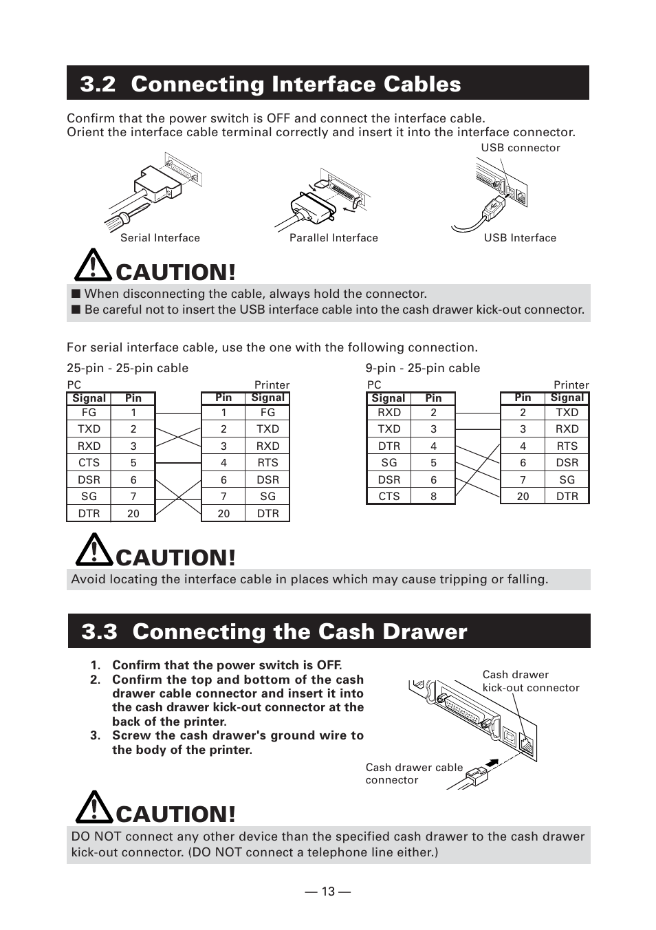 2 connecting interface cables, 3 connecting the cash drawer, Caution | CITIZEN CT-S4000L User Manual | Page 16 / 160