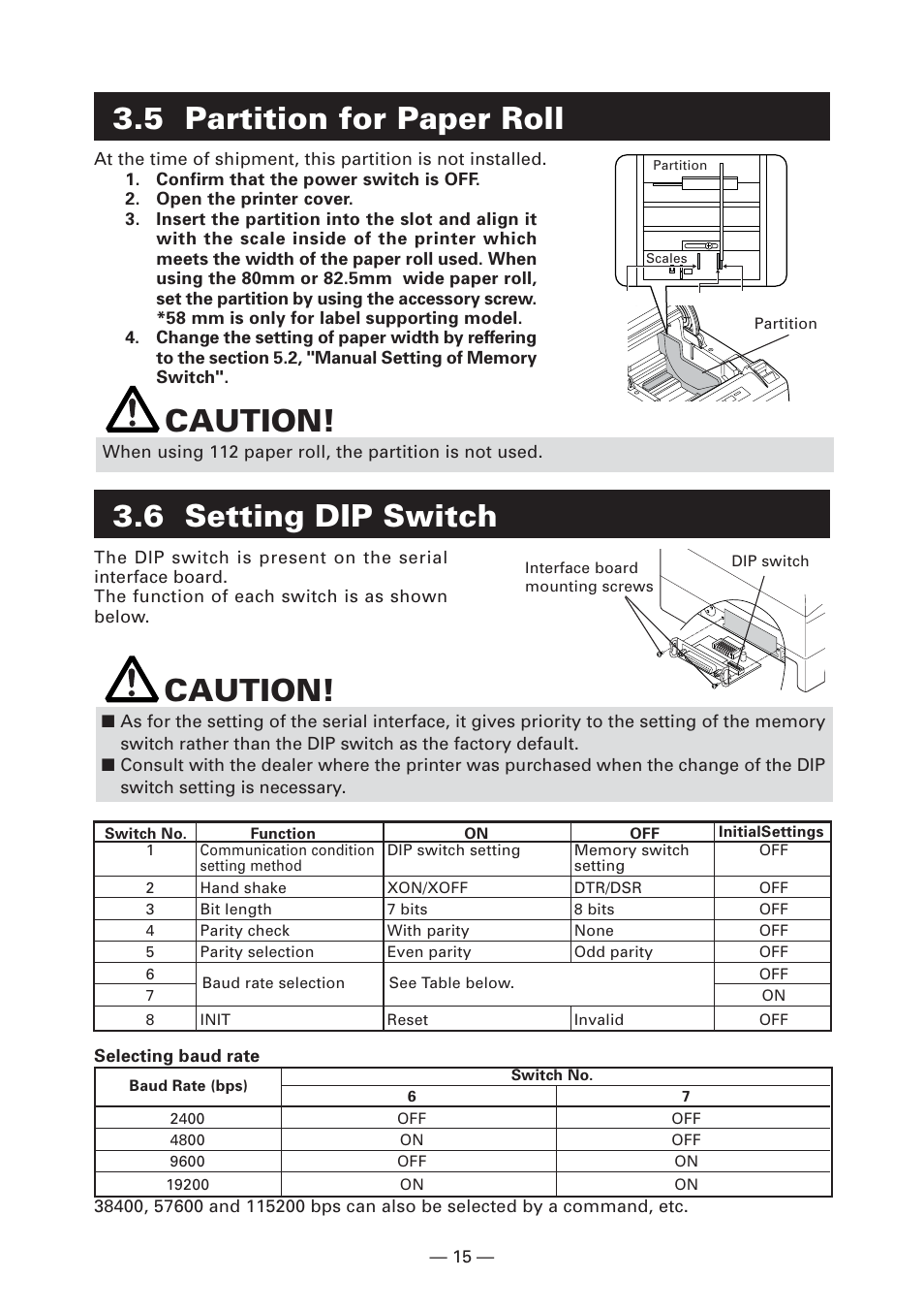 5 partition for paper roll, 6 setting dip switch, 6 setting dip switch caution | Caution | CITIZEN CT-S4000L User Manual | Page 18 / 160