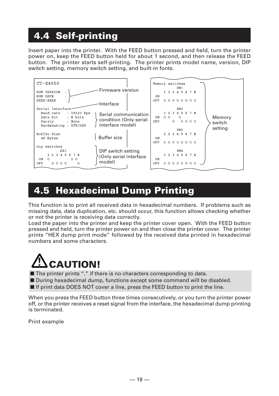 4 self-printing, 5 hexadecimal dump printing, Caution | CITIZEN CT-S4000L User Manual | Page 22 / 160