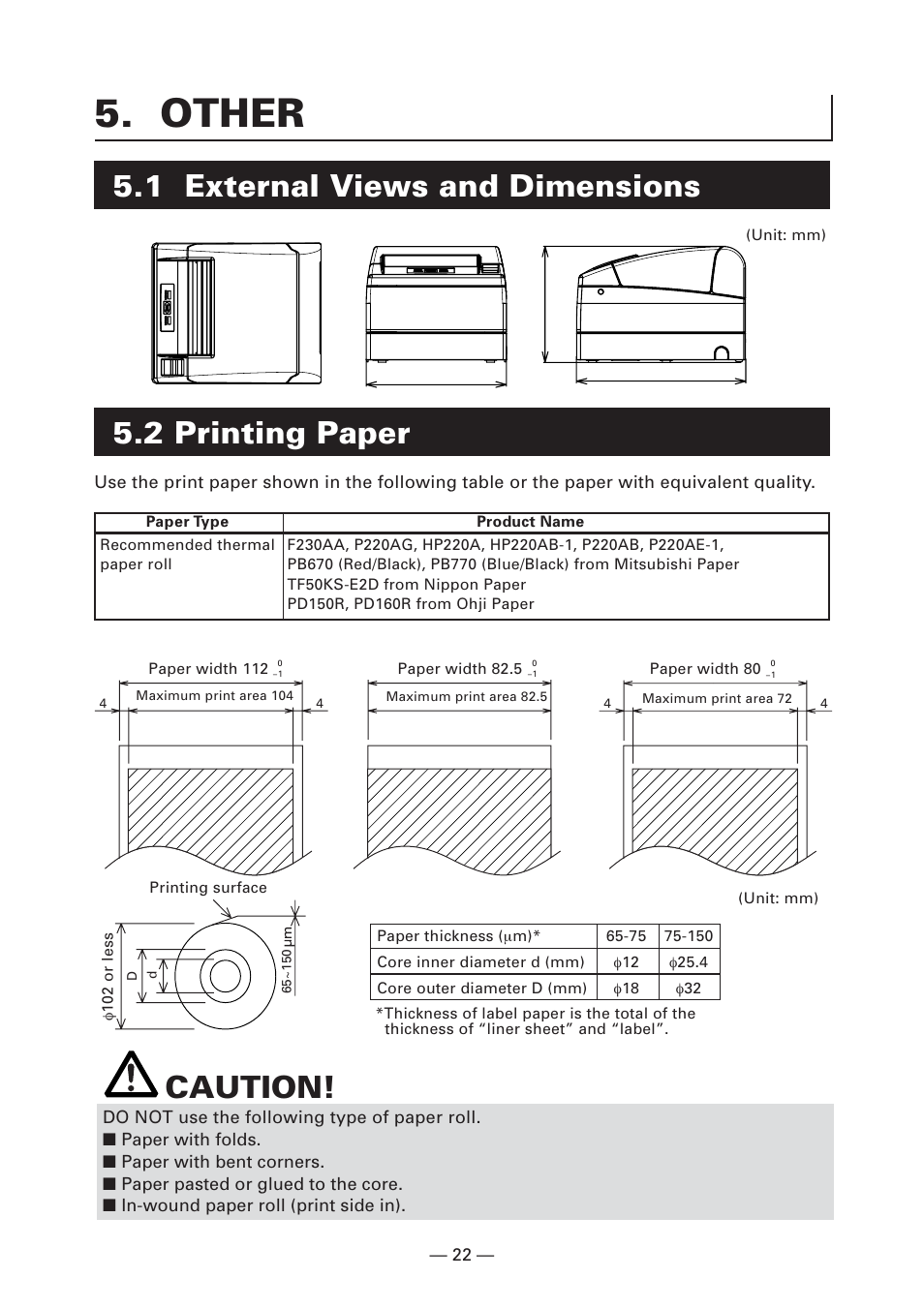 Other, 1 external views and dimensions, 2 printing paper | Caution | CITIZEN CT-S4000L User Manual | Page 25 / 160