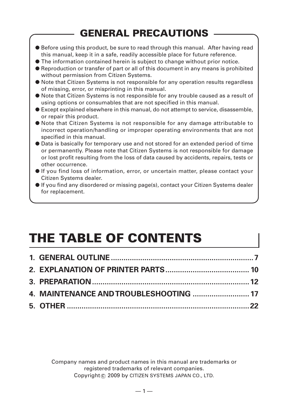 General precautions, The table of contents | CITIZEN CT-S4000L User Manual | Page 4 / 160