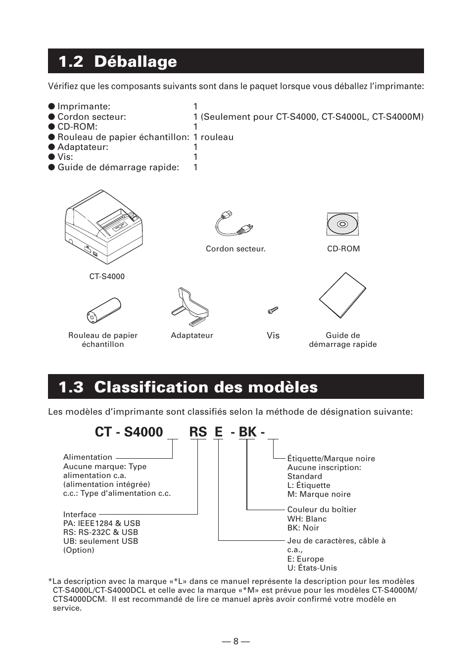 2 déballage, 3 classification des modèles, Ct - s4000 rs e - bk | CITIZEN CT-S4000L User Manual | Page 42 / 160