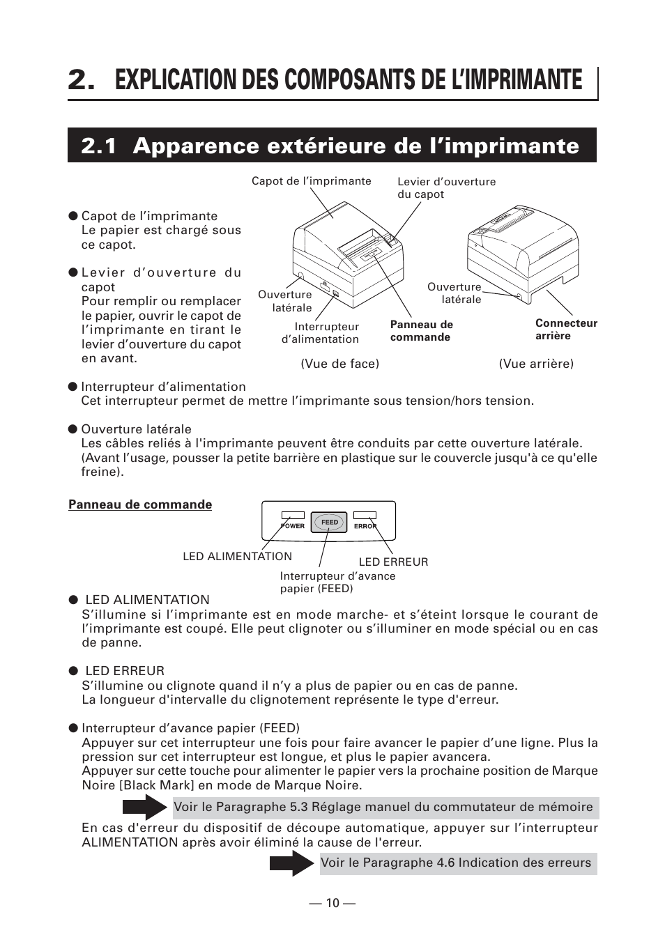 Explication des composants de l’imprimante, 1 apparence extérieure de l’imprimante | CITIZEN CT-S4000L User Manual | Page 44 / 160