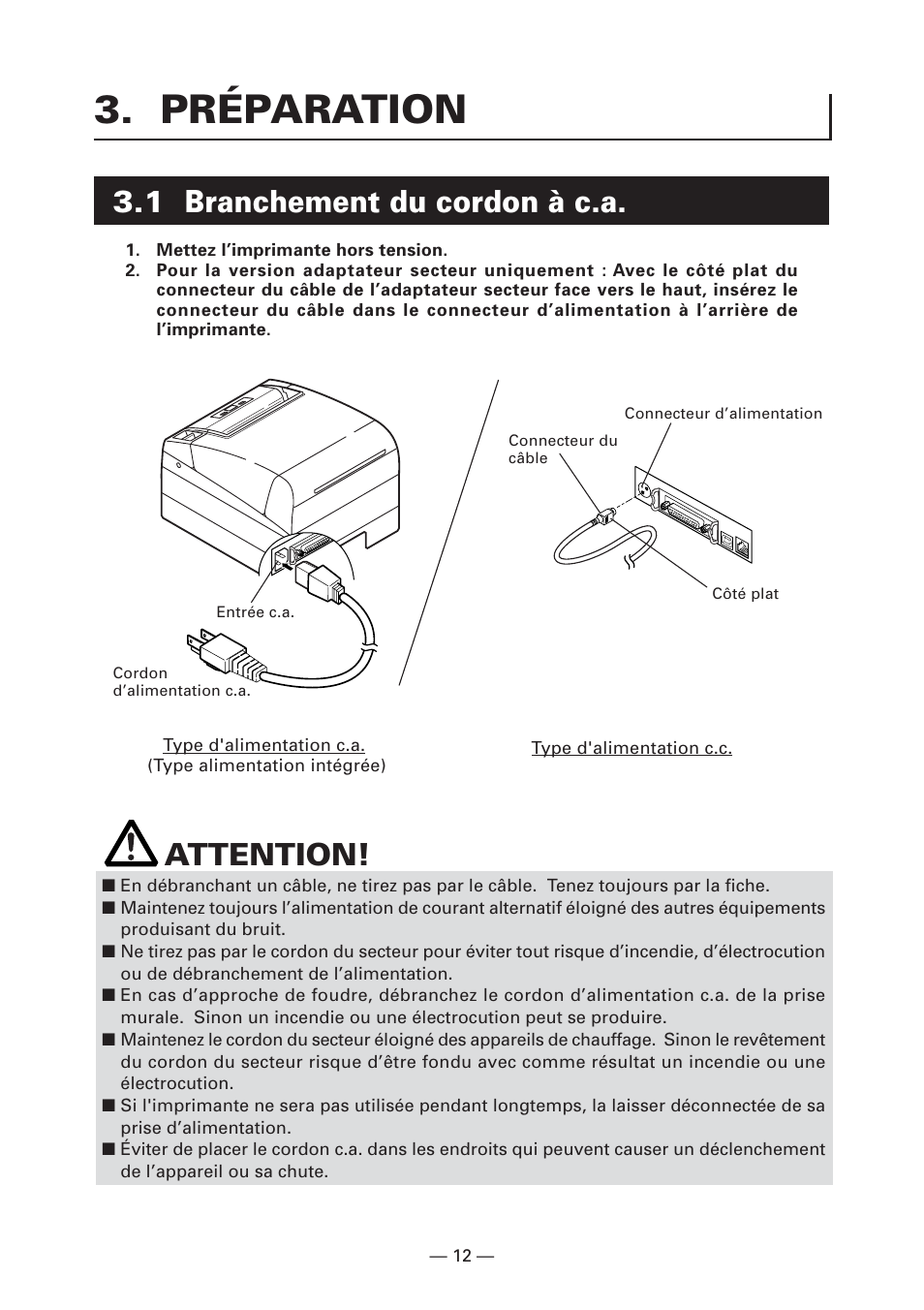 Préparation, 1 branchement du cordon à c.a, Attention | CITIZEN CT-S4000L User Manual | Page 46 / 160