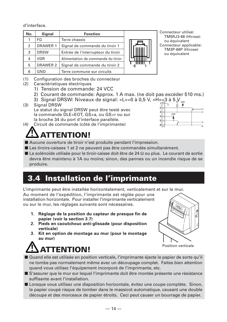 4 installation de l’imprimante, Attention | CITIZEN CT-S4000L User Manual | Page 48 / 160