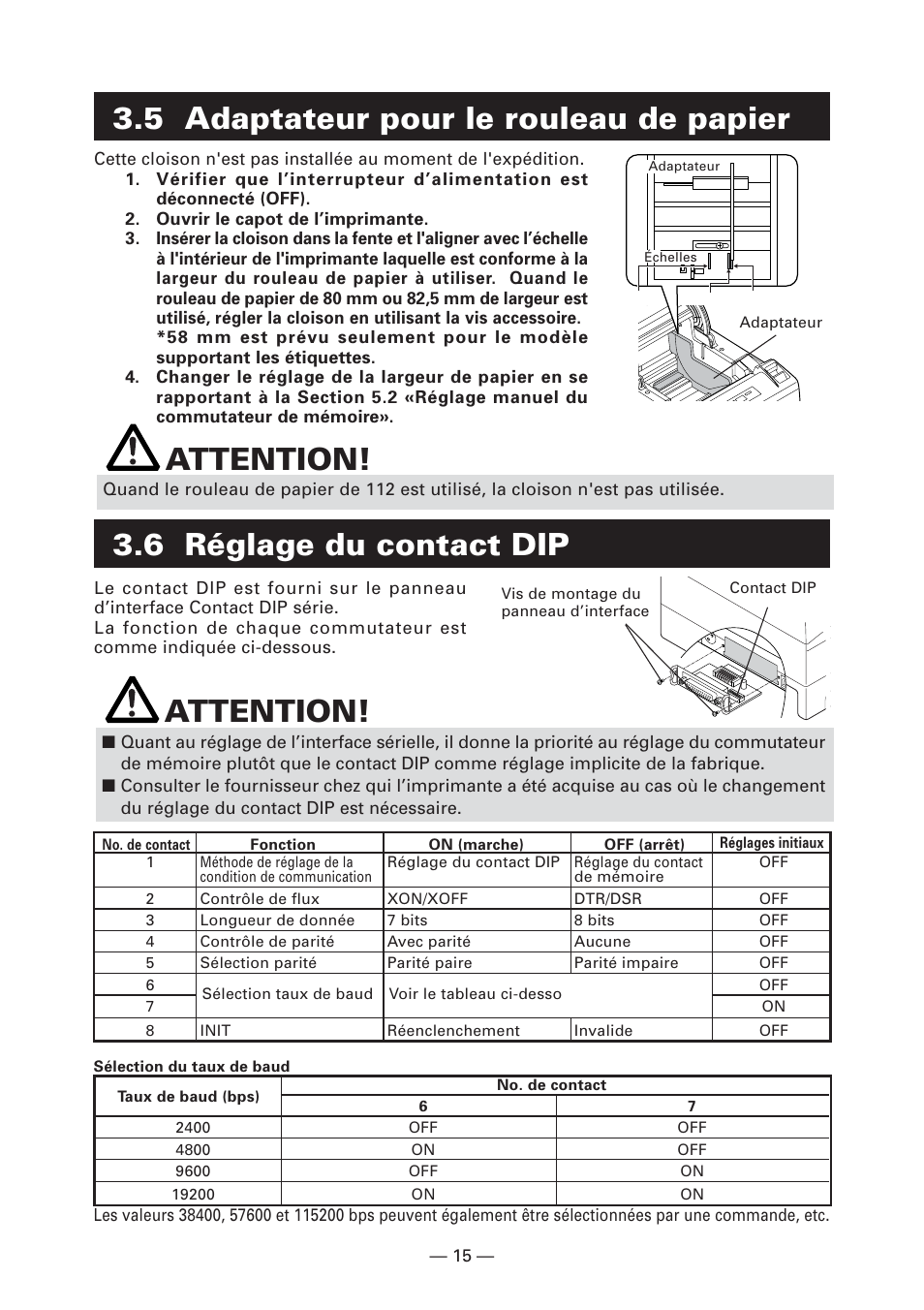 5 adaptateur pour le rouleau de papier, 6 réglage du contact dip, 6 réglage du contact dip attention | Attention | CITIZEN CT-S4000L User Manual | Page 49 / 160