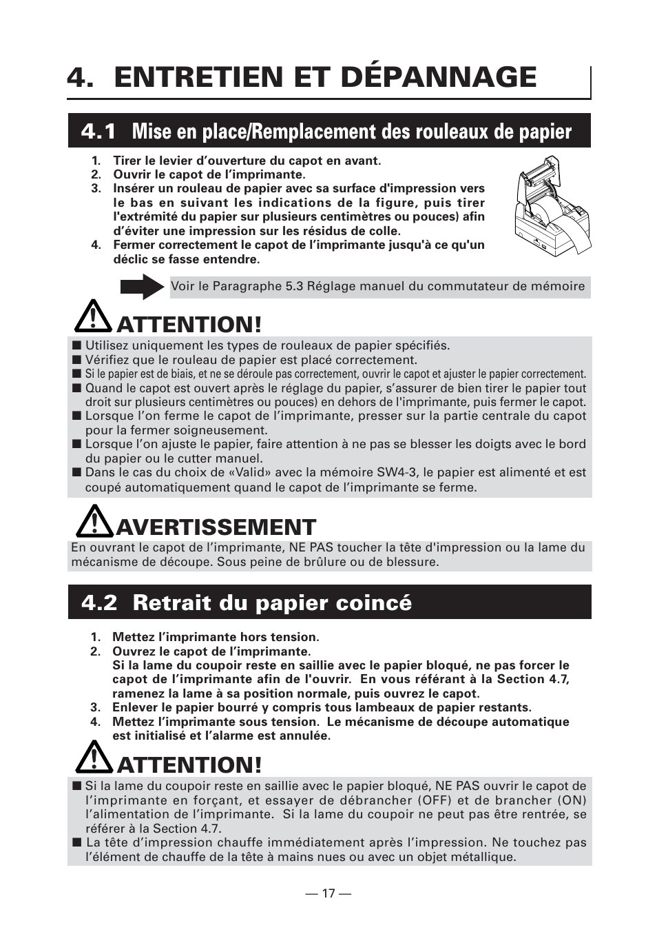 Entretien et dépannage, 2 retrait du papier coincé, Attention | Avertissement | CITIZEN CT-S4000L User Manual | Page 51 / 160