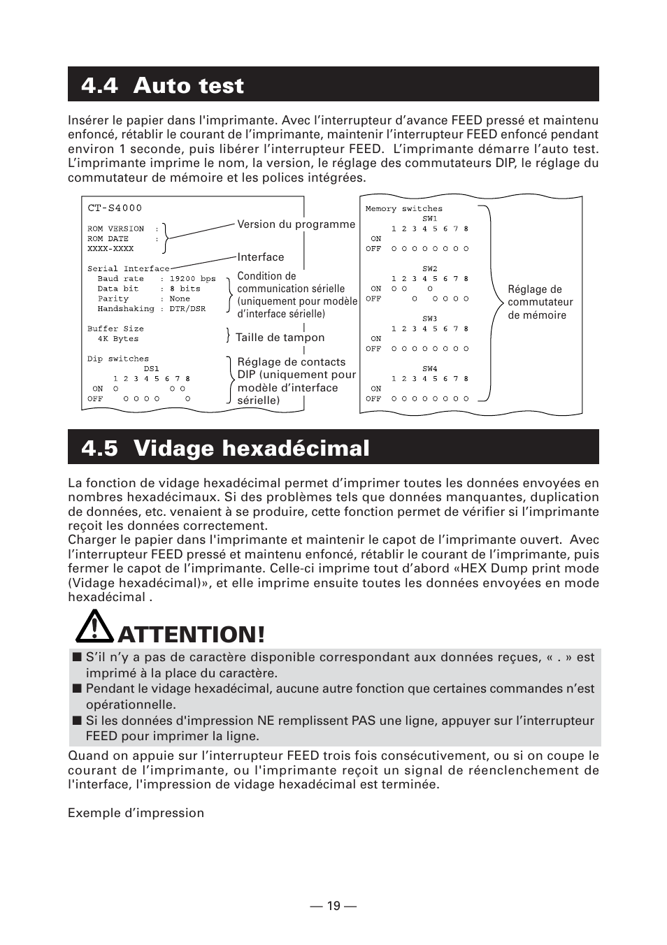 4 auto test, 5 vidage hexadécimal, Attention | CITIZEN CT-S4000L User Manual | Page 53 / 160