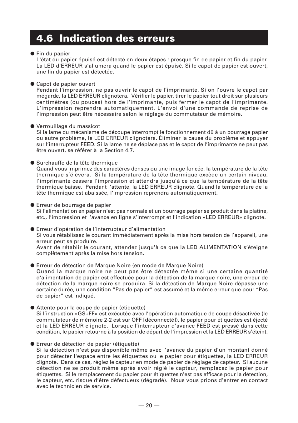 6 indication des erreurs | CITIZEN CT-S4000L User Manual | Page 54 / 160