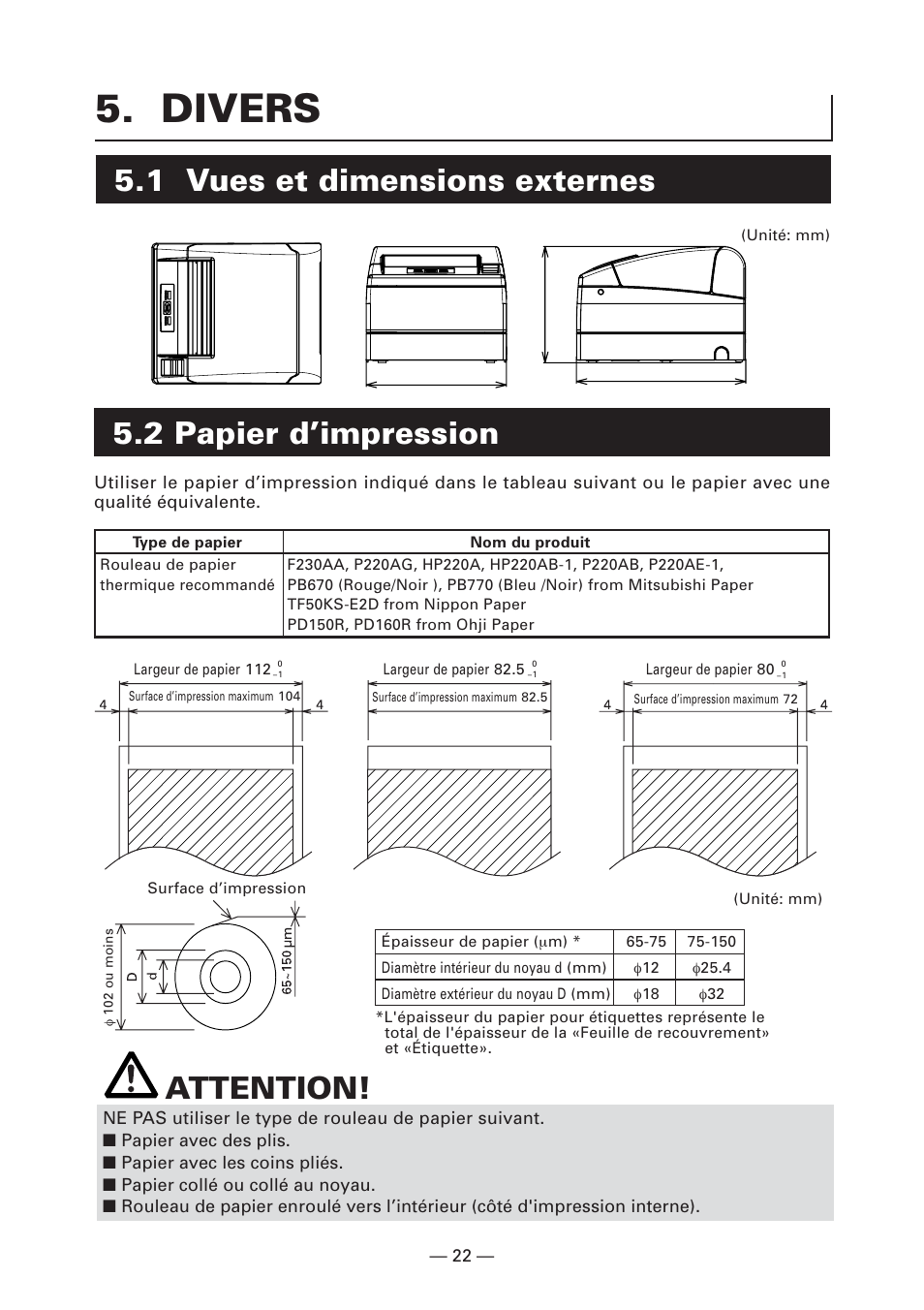 Divers, 1 vues et dimensions externes, 2 papier d’impression | Attention | CITIZEN CT-S4000L User Manual | Page 56 / 160