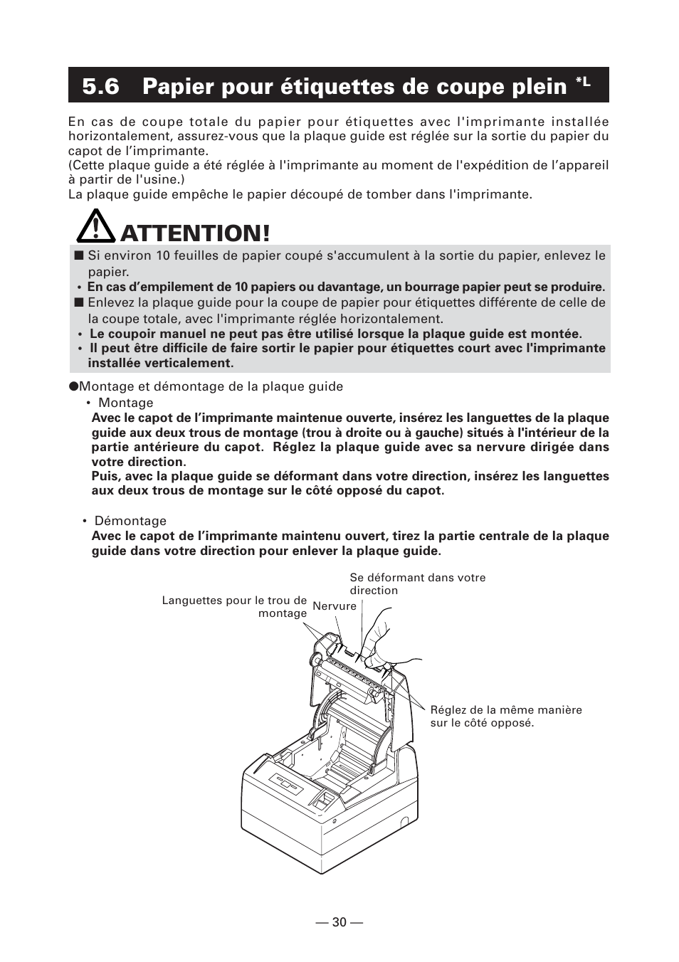 6 papier pour étiquettes de coupe plein *l, 6 papier pour étiquettes de coupe plein, Attention | CITIZEN CT-S4000L User Manual | Page 64 / 160