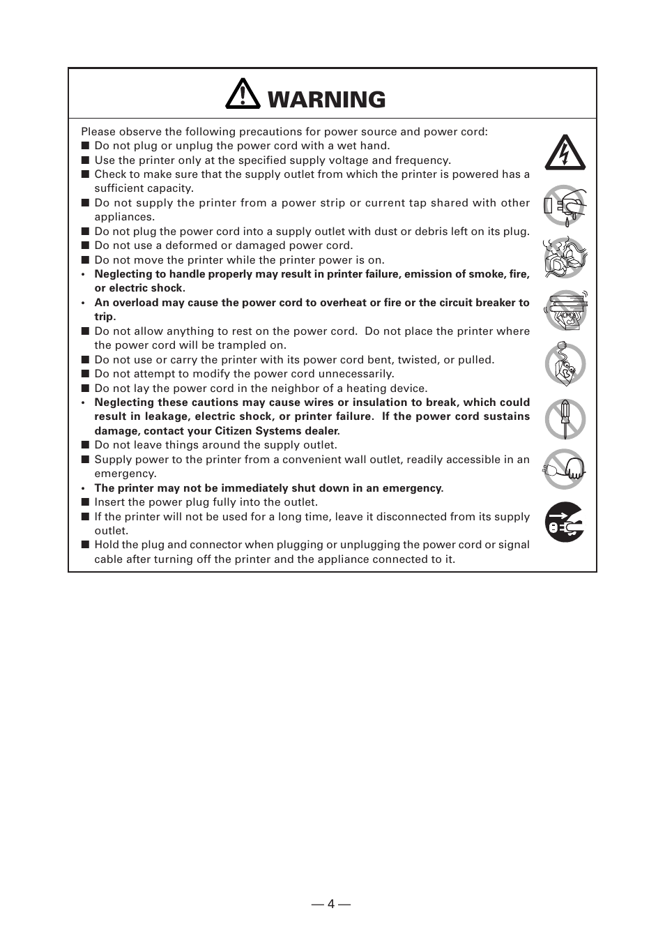 Warning | CITIZEN CT-S4000L User Manual | Page 7 / 160