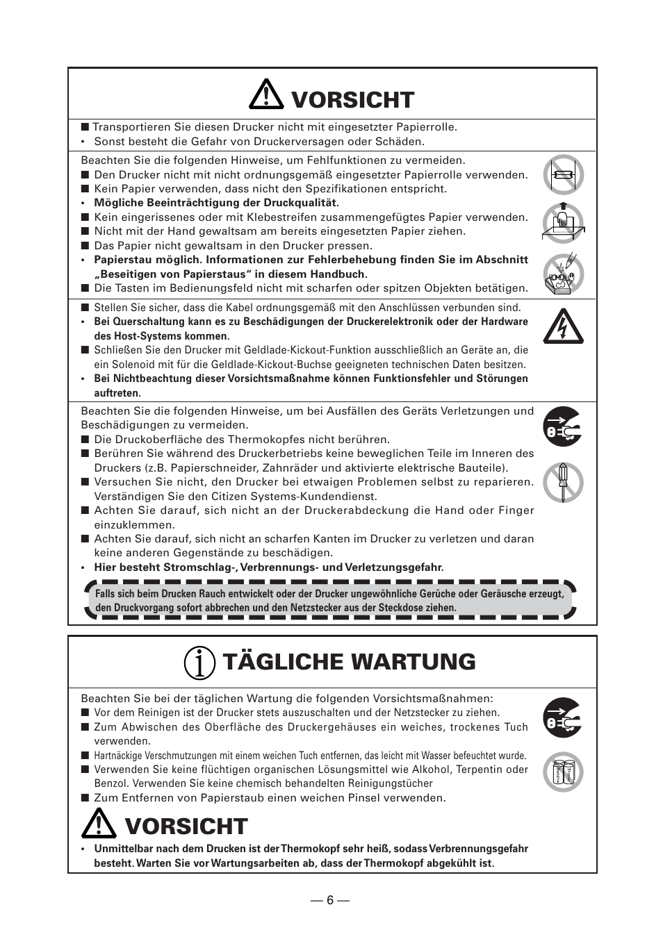 Vorsicht, Tägliche wartung vorsicht | CITIZEN CT-S4000L User Manual | Page 71 / 160