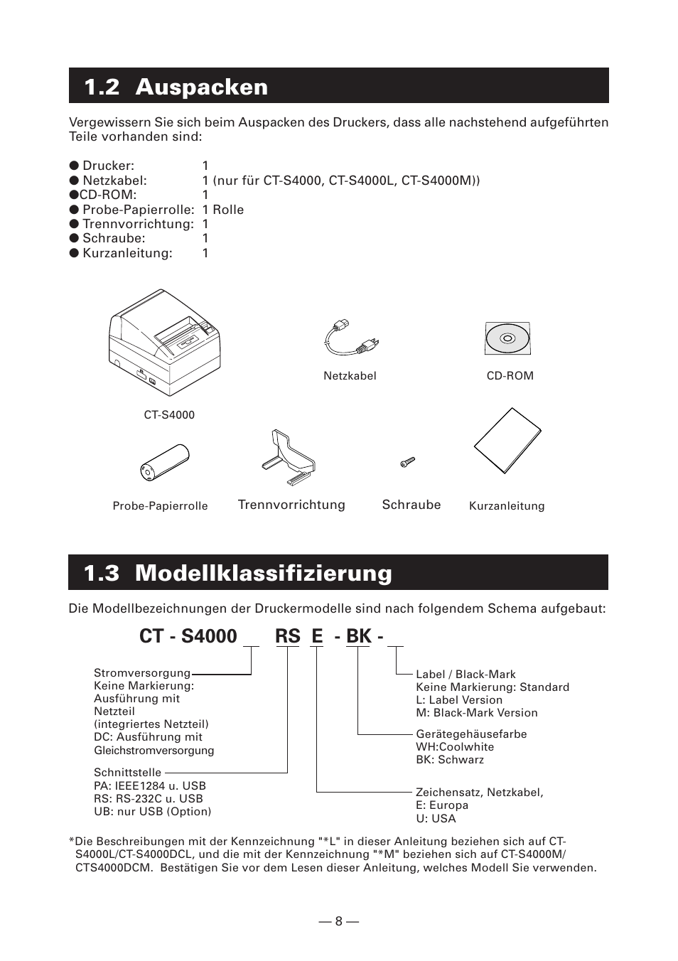 2 auspacken, 3 modellklassifizierung, Ct - s4000 rs e - bk | CITIZEN CT-S4000L User Manual | Page 73 / 160