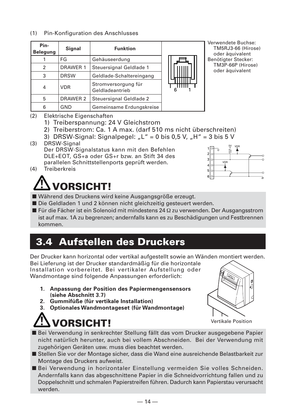 4 aufstellen des druckers, Vorsicht | CITIZEN CT-S4000L User Manual | Page 79 / 160