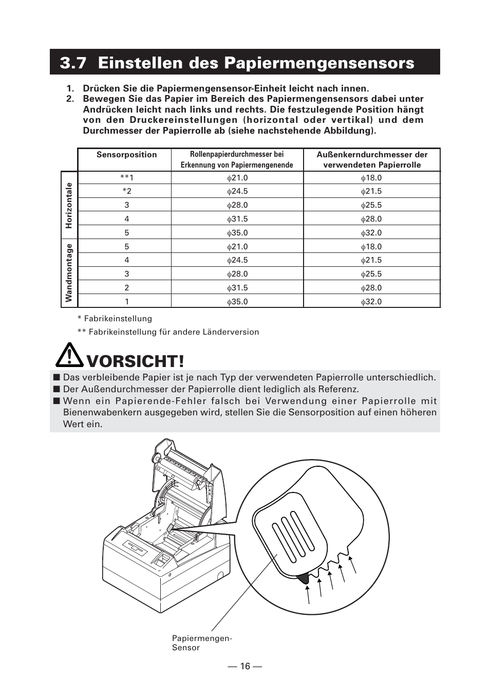 7 einstellen des papiermengensensors, Vorsicht | CITIZEN CT-S4000L User Manual | Page 81 / 160