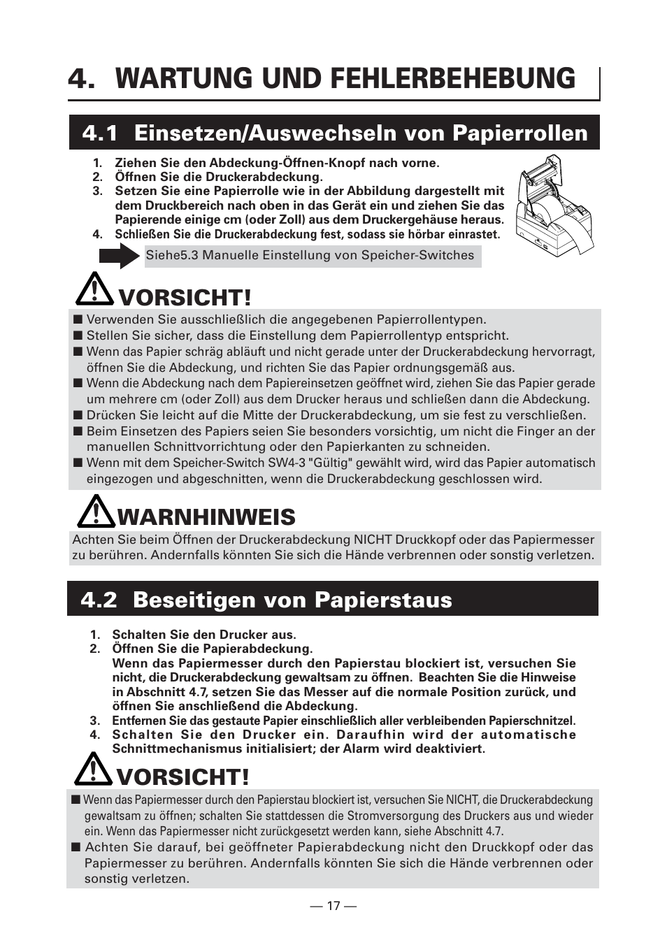 Wartung und fehlerbehebung, 1 einsetzen/auswechseln von papierrollen, 2 beseitigen von papierstaus | Vorsicht, Warnhinweis | CITIZEN CT-S4000L User Manual | Page 82 / 160