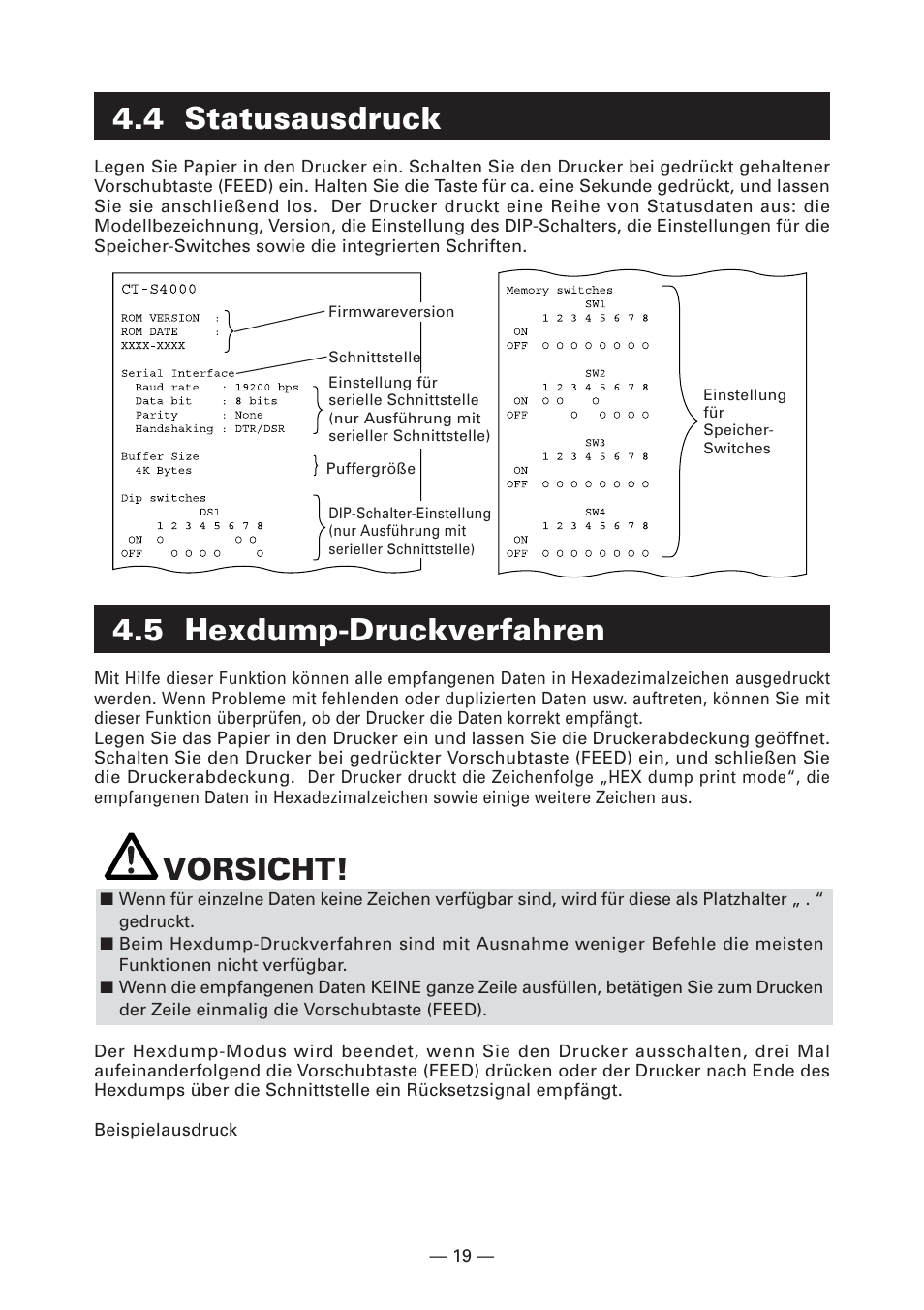 4 statusausdruck, 5 hexdump-druckverfahren, Vorsicht | CITIZEN CT-S4000L User Manual | Page 84 / 160