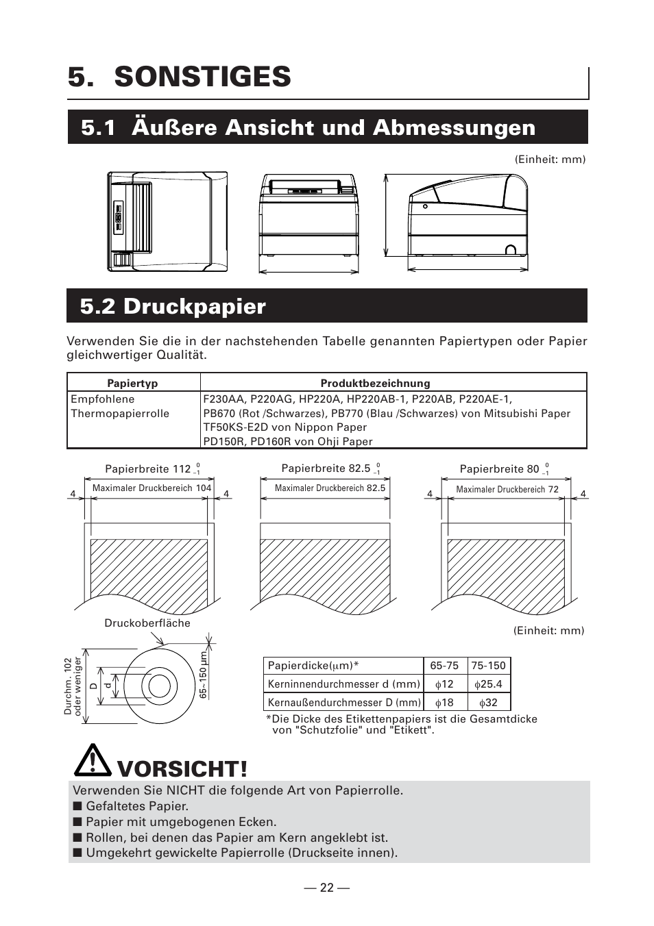 Sonstiges, 1 äußere ansicht und abmessungen, 2 druckpapier | 1 äußere ansicht und abmessungen vorsicht | CITIZEN CT-S4000L User Manual | Page 87 / 160