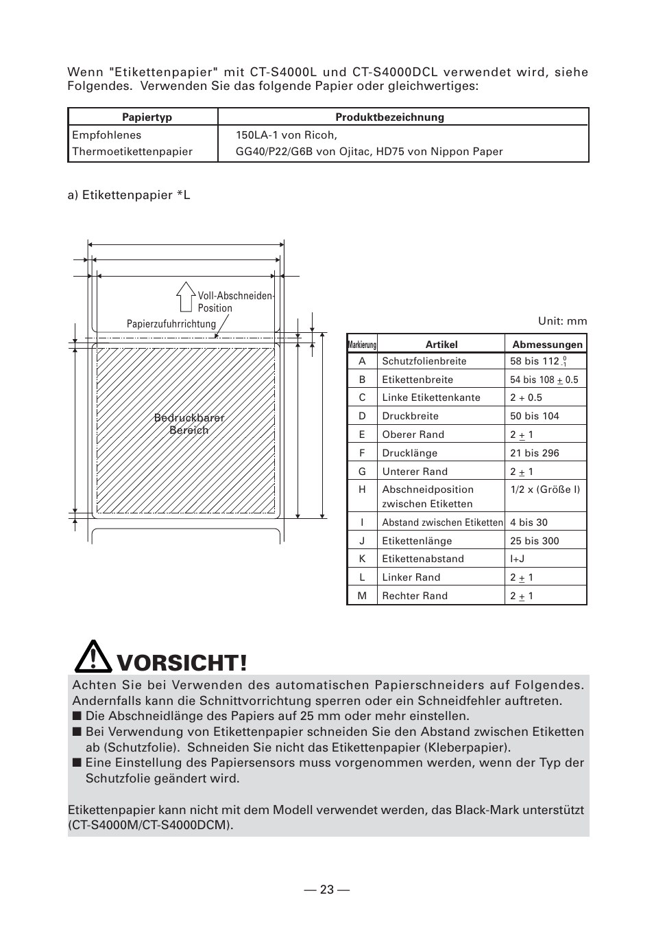 Vorsicht | CITIZEN CT-S4000L User Manual | Page 88 / 160