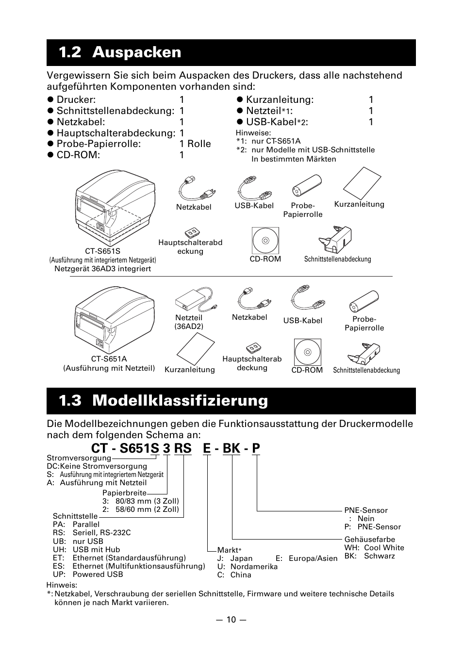 2 auspacken, 3 modellklassifizierung, 2 auspacken 1.3 modellklassifizierung | Ct - s651s 3 rs e - bk - p | CITIZEN CT-S651 User Manual | Page 102 / 228