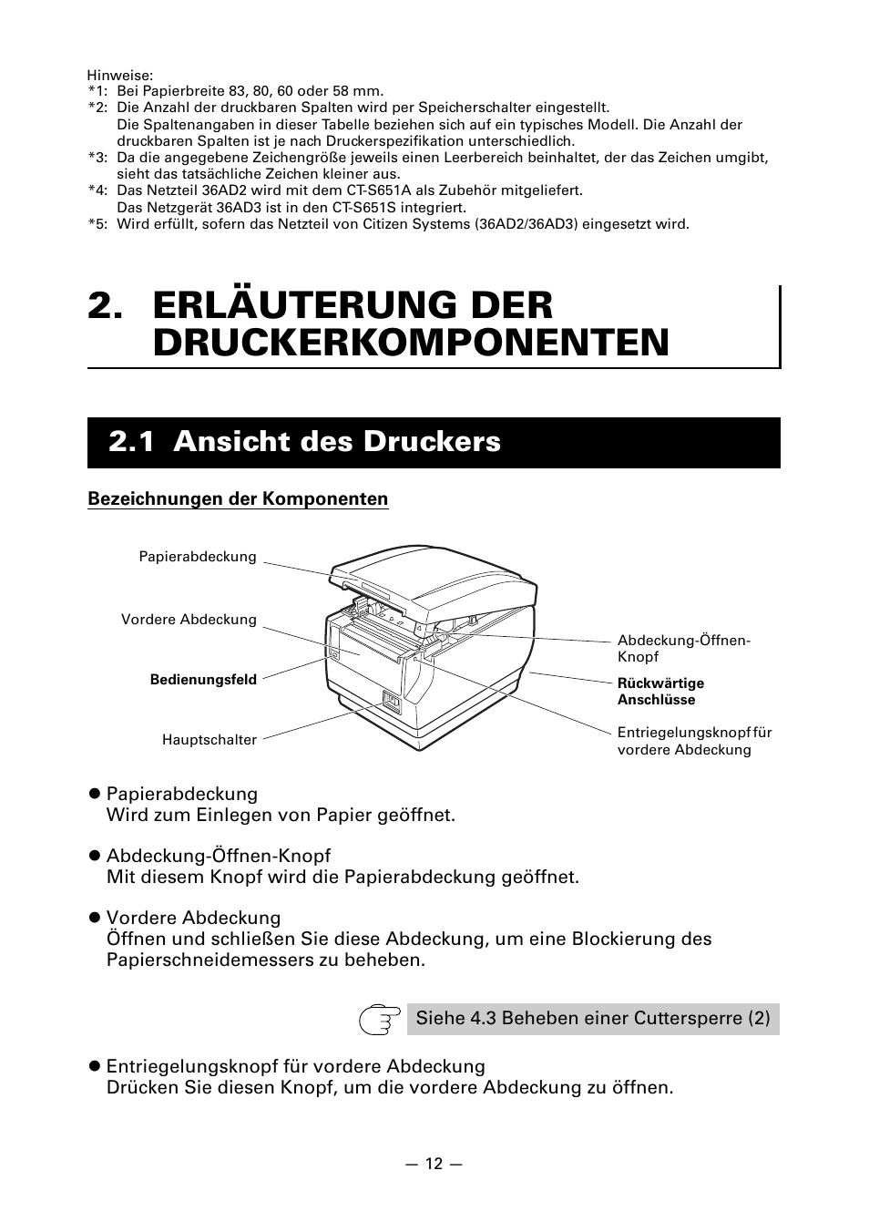 Erläuterung der druckerkomponenten, 1 ansicht des druckers | CITIZEN CT-S651 User Manual | Page 104 / 228